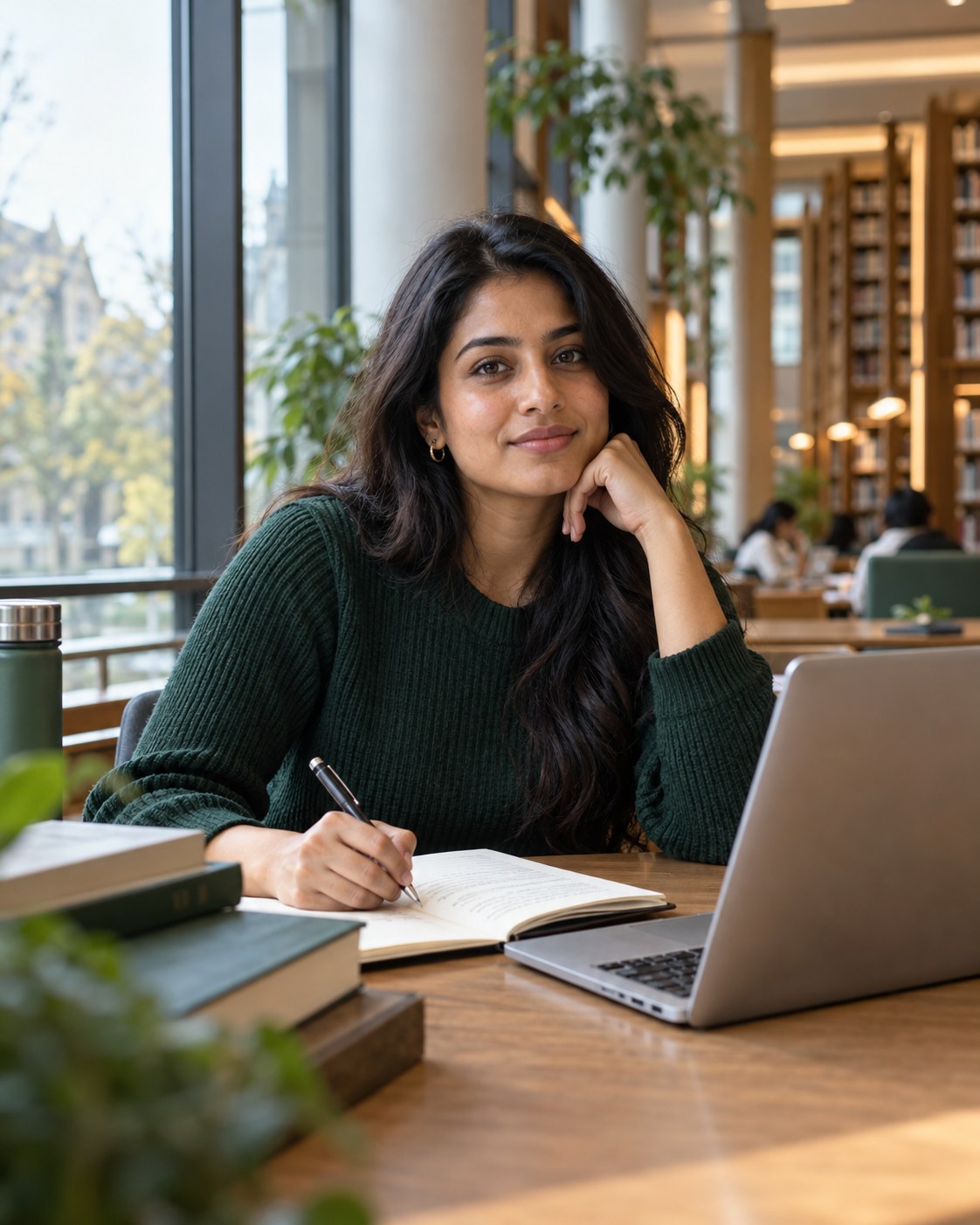 An adult learner with a notebook in a light-filled library